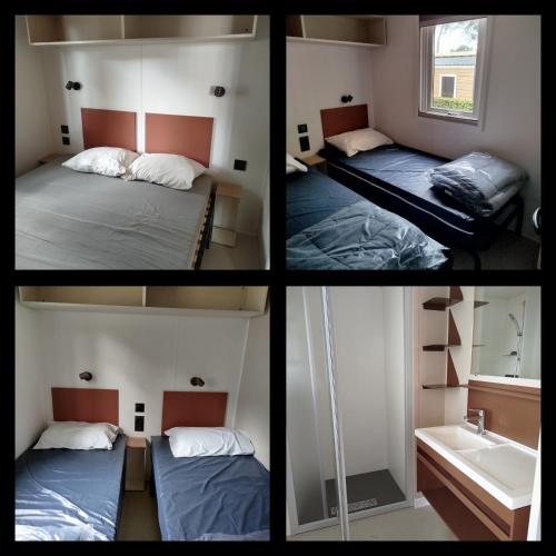 4 photos d'une chambre avec 2 lits et un lavabo dans l'établissement Camping la yole, à Vendres