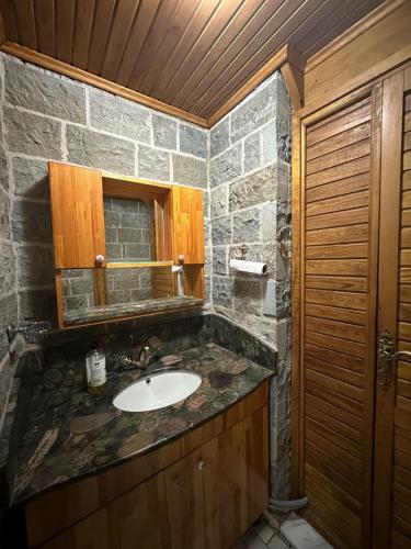 a bathroom with a sink and a stone wall at Bahçeli Taş Villa in Trabzon