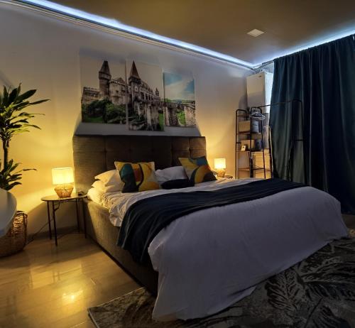 a bedroom with a large bed in a room at Blue Shades Studio in Hunedoara