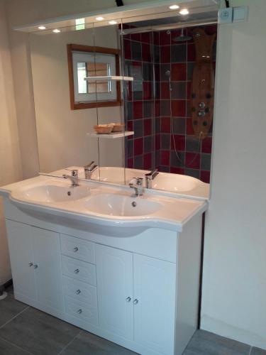 une salle de bain avec un lavabo blanc et un miroir dans l'établissement Au chalet d'Anna, à Saint-Rambert-en-Bugey