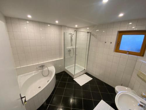 a bathroom with a shower and a tub and a sink at Gemütliche Wohnung ruhig gelegen 75qm in Ehingen