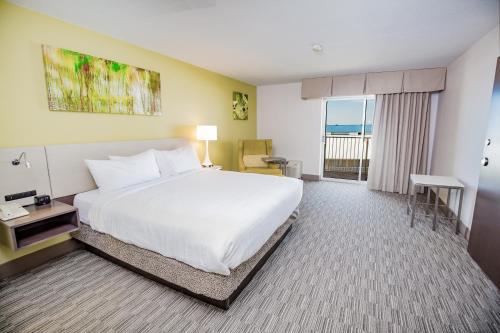 a hotel room with a large bed and a balcony at Hilton Garden Inn Orange Beach in Orange Beach