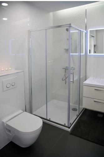 a white bathroom with a shower and a toilet at Luxury rooms Skystar-Split in Split