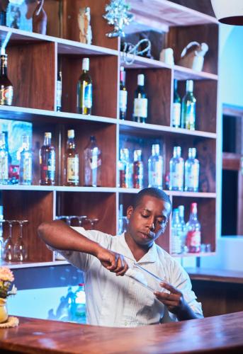 a man standing in a bar with his arms crossed at Andasibe Sifaka Lodge in Andasibe