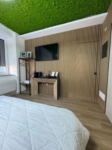 a bedroom with a bed and a flat screen tv at Escape Room 06 in Tirano