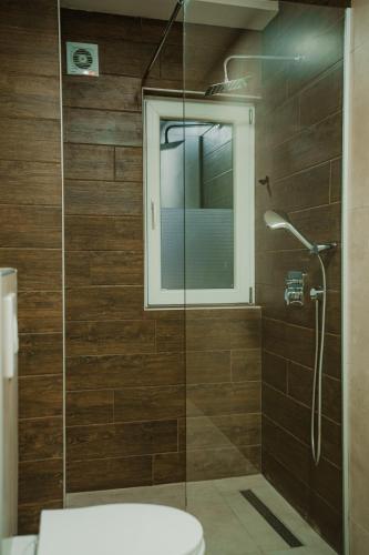 a bathroom with a glass shower with a toilet at Darki Comfort Apartments - Stylish and Comfortable Apartments with Free Parking in Ohrid