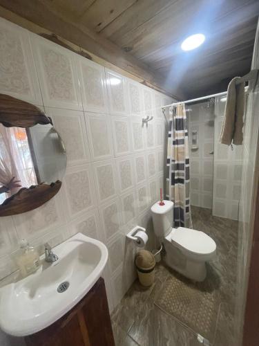a bathroom with a sink and a toilet at Puerto Manglar Hostal in Guachaca