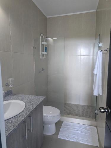 un bagno con doccia, WC e lavandino di Apartamento en Playa Corona Ph Patricia Italia a La Chumicosa