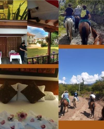 a collage of photos of people riding horses on a trail at Hotel Santa Viviana Villa de Leyva in Villa de Leyva