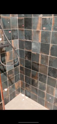 une salle de bain avec du carrelage noir et marron au mur dans l'établissement Appartement Love Room House, à Arles