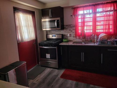 a kitchen with black cabinets and a red door at Silverbuttons in Rat Island