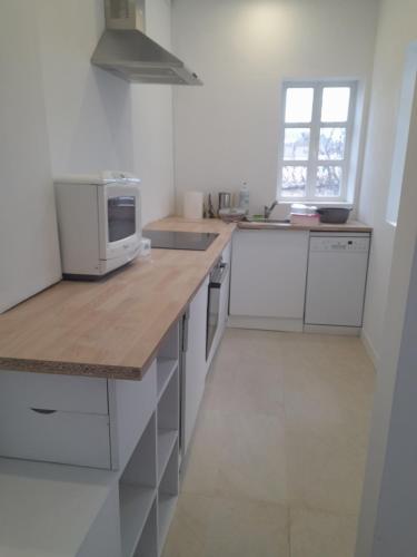 a kitchen with a counter top with a microwave at El refugio de las Burgas in Ourense