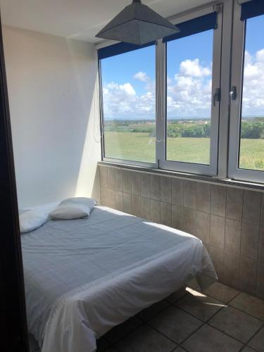 a bed in a room with two large windows at Apartamento na Praia da Vagueira in Vagos