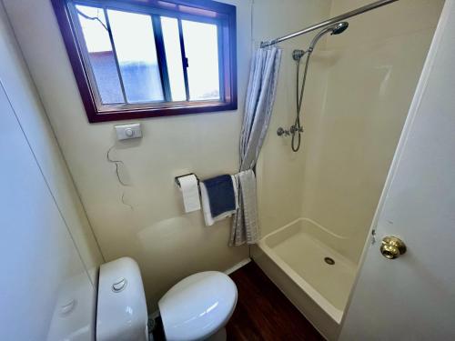 a bathroom with a toilet and a shower and a window at Young Caravan and Tourist Park in Young
