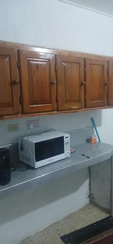 a microwave sitting on a counter in a kitchen at Holiday Rooms St Thomas Jamaica full air-con in Port Morant