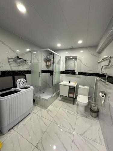 a bathroom with a shower and a toilet and a sink at Comfy apartment in Central UB in Ulaanbaatar