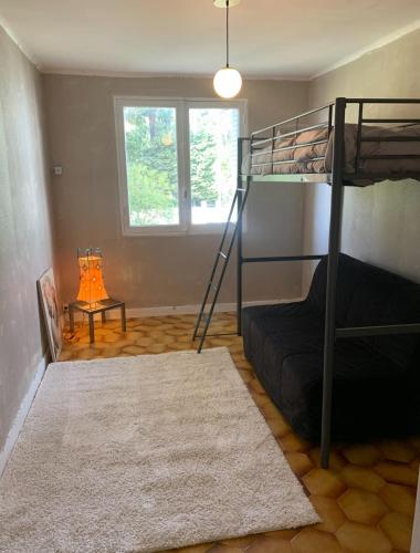 Cette chambre comprend des lits superposés et un tapis. dans l'établissement 3 pièces Cannes 300m de la plage, à Cannes