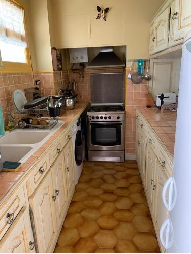 une cuisine avec une cuisinière et un évier dans l'établissement 3 pièces Cannes 300m de la plage, à Cannes