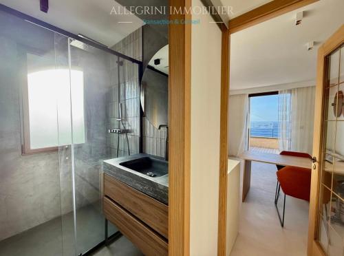 une salle de bain avec un lavabo et une douche en verre dans l'établissement Appartement citadelle, vue mer, à Calvi