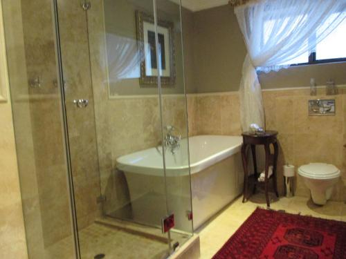 a bathroom with a shower and a tub and a toilet at Mt Bijoux Preferred Accommodation in Bloubergstrand