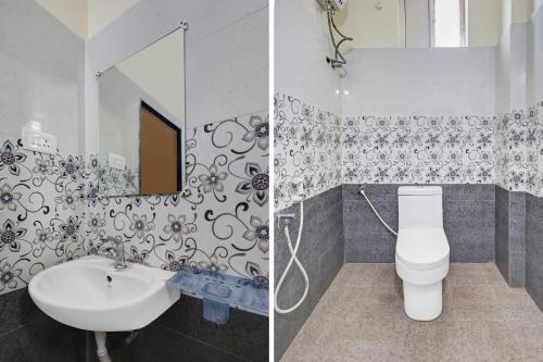 two pictures of a bathroom with a sink and a toilet at The Padmavathi Homestay in Visakhapatnam