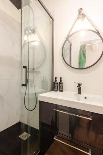 une salle de bain avec une douche, un lavabo et un miroir dans l'établissement Cocon charmant et paisible au cœur du Vieux Nice, à Nice