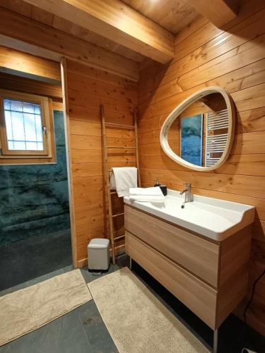 une salle de bain avec un lavabo et un miroir dans l'établissement Chalet la Cime, à Saint-Étienne-en-Dévoluy