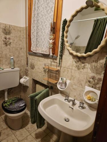 a bathroom with a sink and a toilet and a mirror at Sophia Apartment Triora in Triora