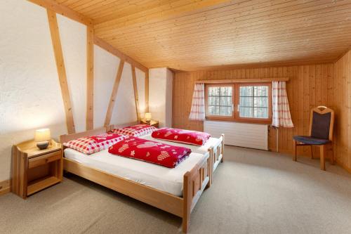 a bedroom with a bed with red pillows and a chair at Apartment Via Alpsu - 24-7 Self Check-in in Sedrun
