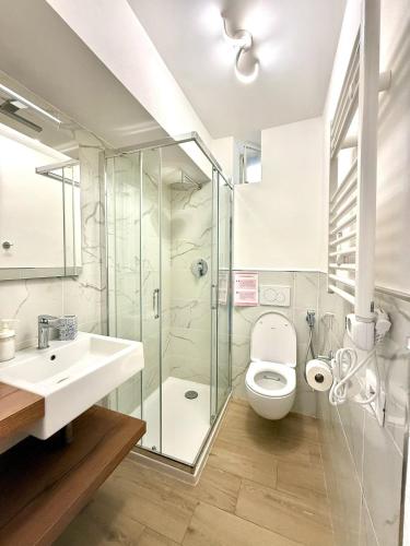Un baño con inodoro, lavabo y ducha. en Belvedere Home Holiday, en Corniglia