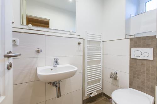 a bathroom with a sink and a toilet at Piratenkajüte-B66 in Dranske