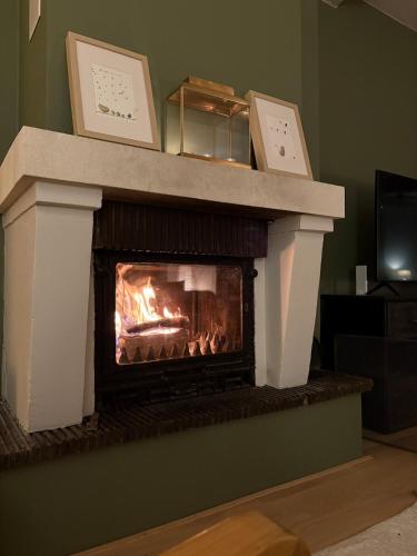 - une cheminée dans le salon dans l'établissement La Vigneronne, à Pomérols