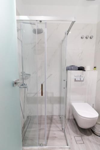a bathroom with a shower and a toilet at Elegant Beach Hotel in Kyparissia