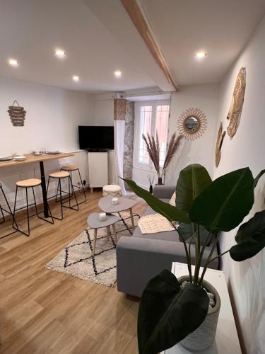 un salon avec un canapé et une table dans l'établissement Charme et Authenticité à Menton - Centre & Plages, à Menton