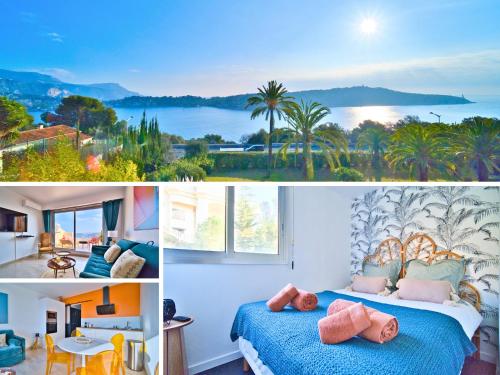 un collage de photos d'une chambre avec un lit dans l'établissement Magnifique Appartement avec Vue Mer Panoramique, à Nice