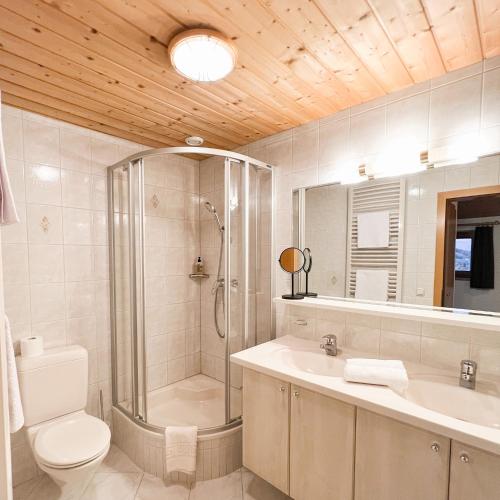 a bathroom with a shower and a toilet and a sink at Hoamat House I Boutique Apartments in Sankt Margarethen im Lungau