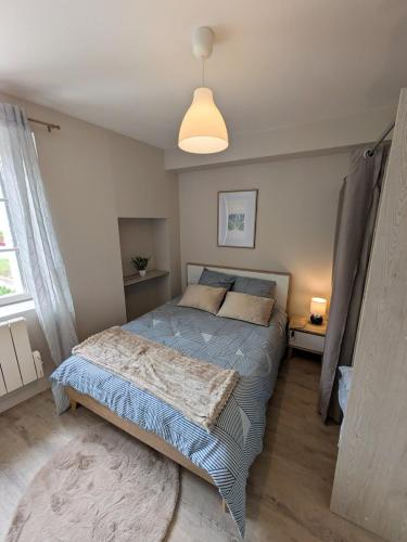 une chambre avec un lit avec une couette bleue dans l'établissement Appartement dans le quartier médiévale proche centre-ville !, à Bourges