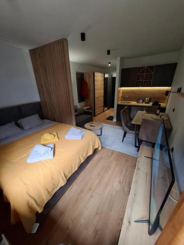 a bedroom with a bed and a desk in it at TomaR-Gondola in Kopaonik