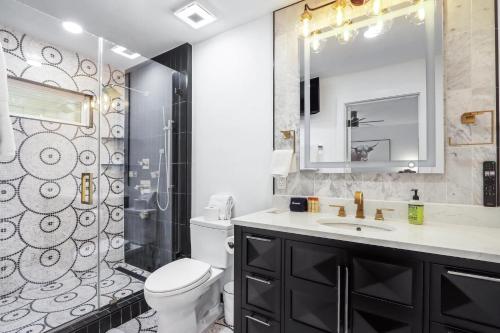 a bathroom with a toilet and a sink and a shower at Red Bird Cottage in Wimberley