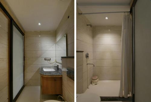 2 immagini di un bagno con lavandino e doccia di Hotel Lotus Paradise - Front of Parker Mall a Rāi