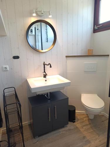 a bathroom with a sink and a toilet at Ferienhaus Freilingen in Blankenheim
