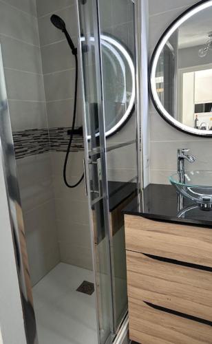 une salle de bain avec une douche avec un lavabo et un miroir dans l'établissement L'Escapade détente - Appartement 2 à 4 Personnes Villers Sur Mer Proche Plage, à Villers-sur-Mer