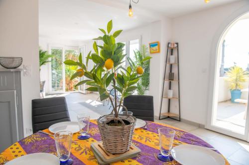 d'une salle à manger avec une table et une plante. dans l'établissement Superbe Appartement Leucate Les Terrasses 1, à Leucate-Plage