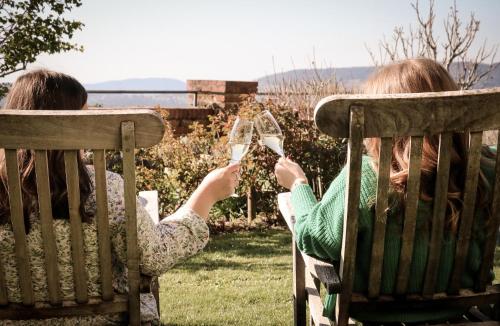 two women sitting on benches holding up wine glasses at Schloss Kapfenstein in Kapfenstein