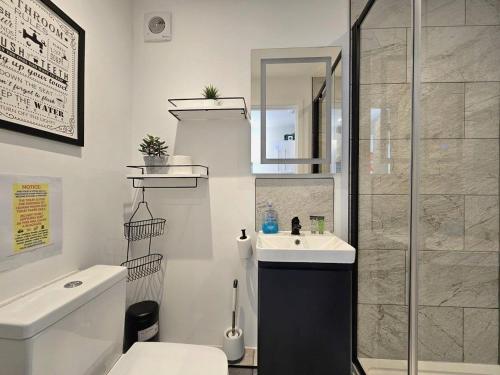 a bathroom with a toilet and a sink and a shower at Blue Garden Retreat by Fortuna Property Portfolio in Cheltenham