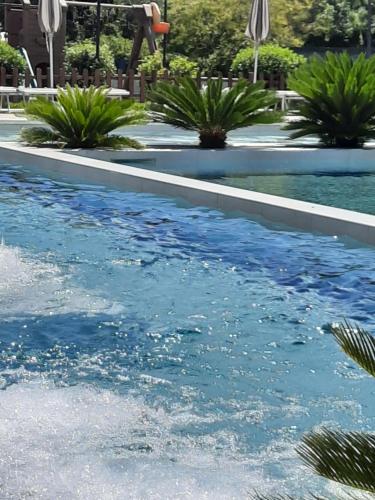 a swimming pool with blue water in a resort at Apartments Il Gabbiano in Fiumaretta di Ameglia