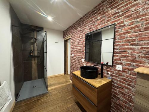 a bathroom with a television on a brick wall at Le Garage de Cuba in Épinal