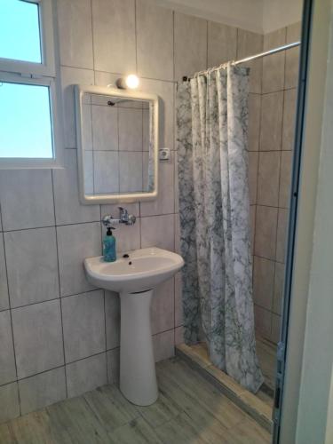 a bathroom with a sink and a mirror and a shower at Perkli Bezhani Rooms in Gjirokastër