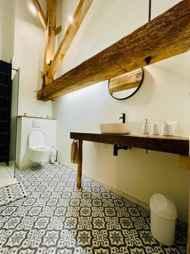 une salle de bain avec un lavabo et des toilettes dans l'établissement Grande chambre privée au Domaine Laroze, à Dieulivol