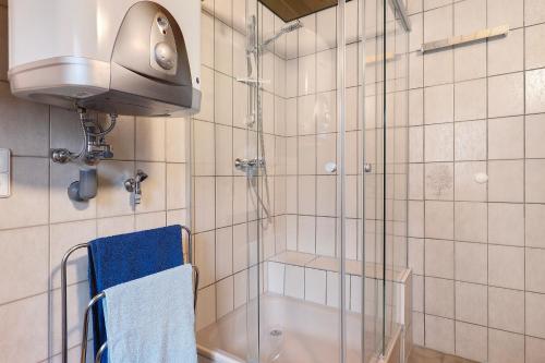 a shower with a glass door and a blue towel at Haus an der Landhege in Mainhardt
